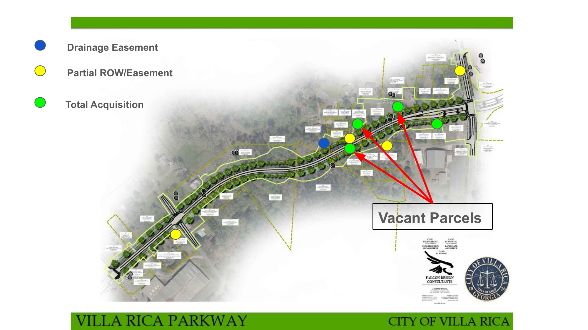 Map showing the Villa Rica Parkway project parcels and roadway alignment